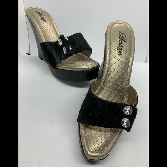 Bridget Black Pony Hair Rhinestone Buttons Wedge sz 7 - Picture 2 of 14